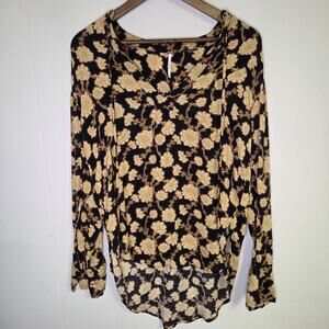 Free People Feminine Flowy Floral Gold and Black Long Sleeve Top Size XS